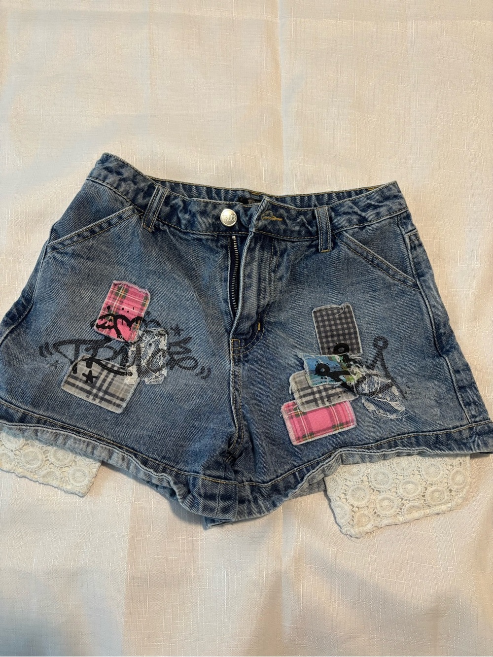 Denim Lace-Trim Kids Shorts with Plaid Patch Details - Blue
